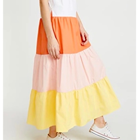 English Factory Midi Tiered Color Block Orange Peach Yellow Skirt with Belt-  XS - Picture 1 of 12